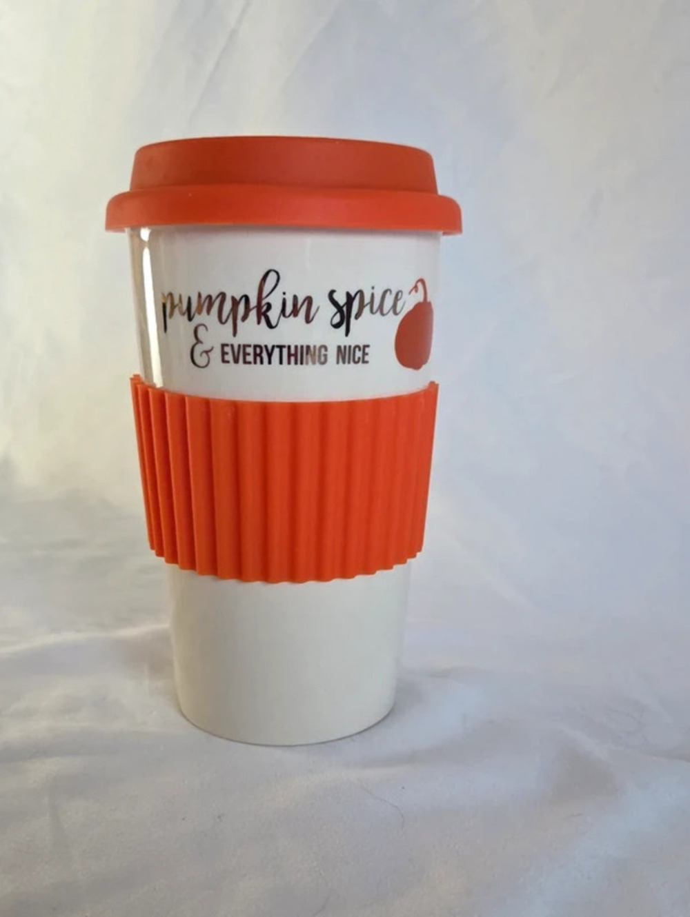 Pumpkin Spice & Everything Nice Stoneware Travel Mug Orange Silicone Lid Fall